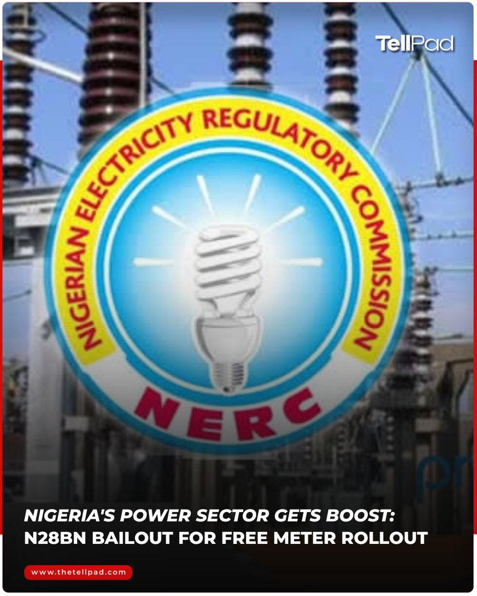 tellpad's tweet image. The federal government injects ₦28bn into Nigeria’s power sector for free electricity meter rollout.

#PowerSector #NERC #Electricity #MeterRollout #EnergyReform #TellPad