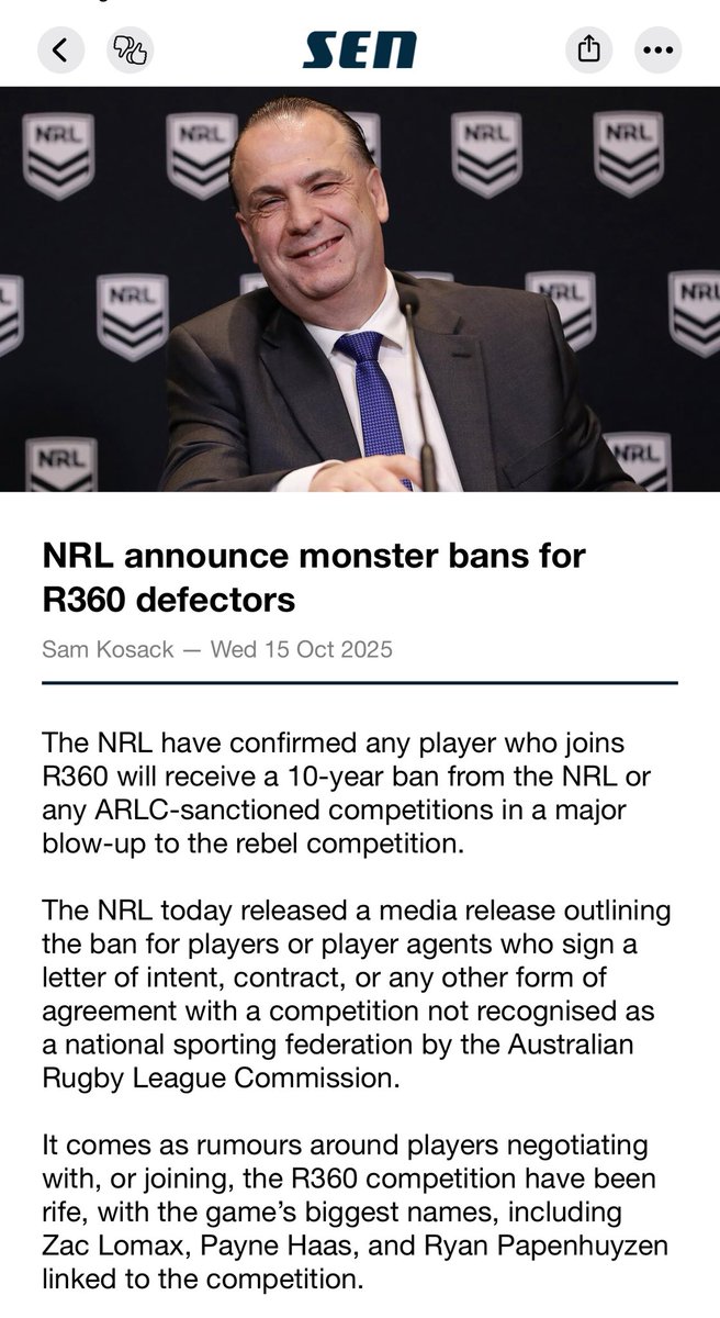 Dear sports lawyers, would this stand up in a court of law?

#R360 #NRL #WorldRugby #RugbyLeague #sports #rebelcomp #legalthreat #sportslaw #lexsportiva
