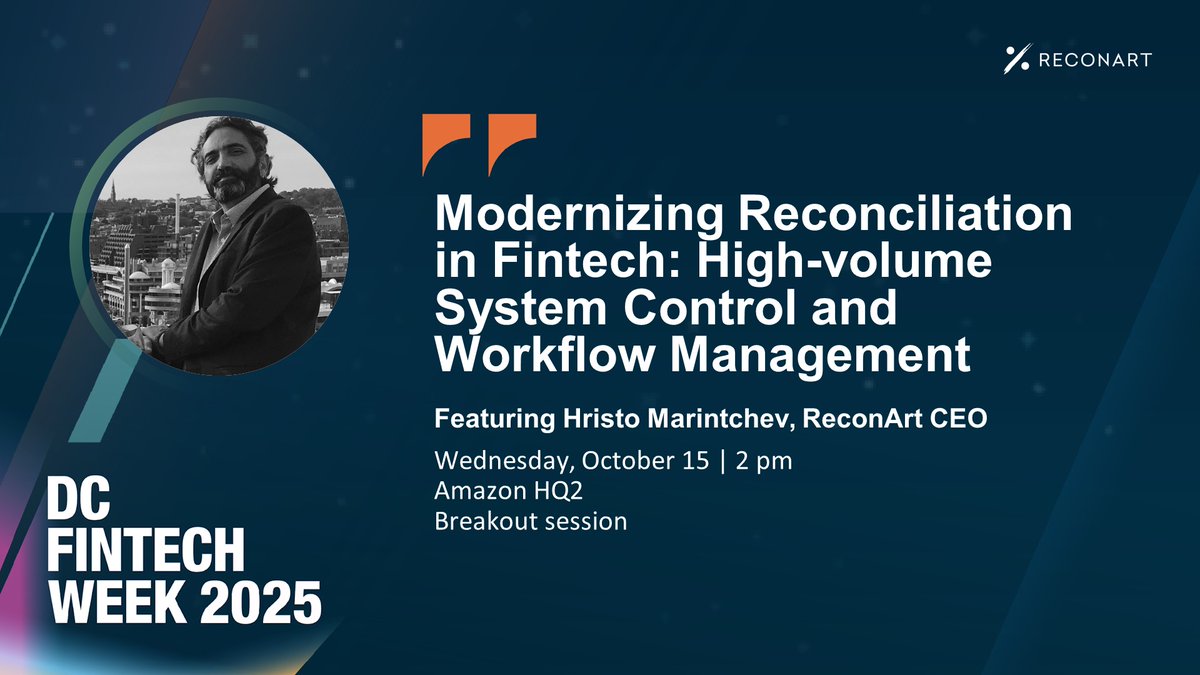 reconart's tweet image. ReconArt is a proud sponsor of DC Fintech Week 2025, hosted by the Fintech Foundation. Join us today at the Breakout session. Let&apos;s talk fintech and reconciliation transformation! #DCFintechWeek2024 #FinanceTransormation #ReconciliationSoftware