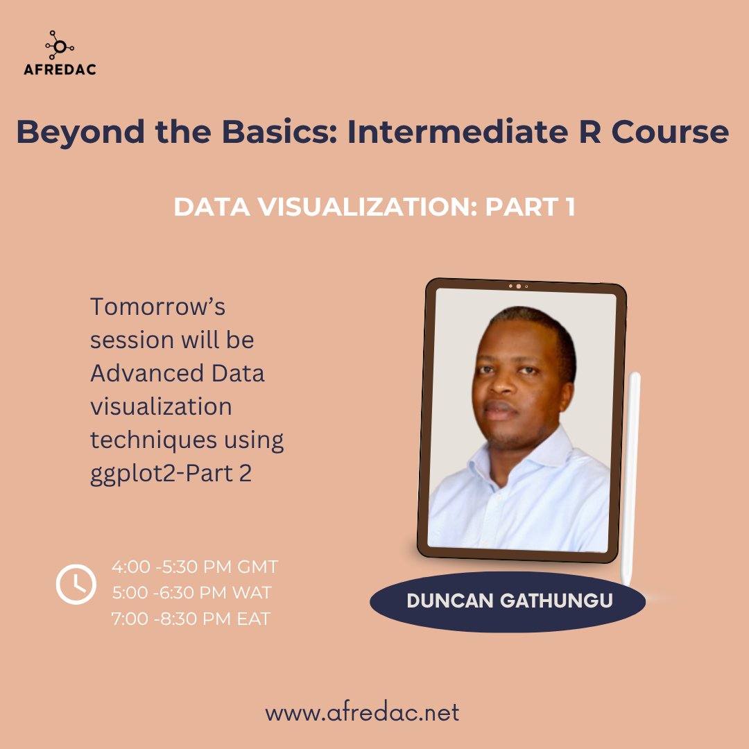 Tune in tomorrow for another session of R Intermediate training where we will be looking at part 2 of Advanced Data visualization techniques using ggplot2

Sign up today at afredac.net/intermediate-r…

#Afredac #AfredacUbuntuPlatform #RforFunClub #RCommunity #ggplot2