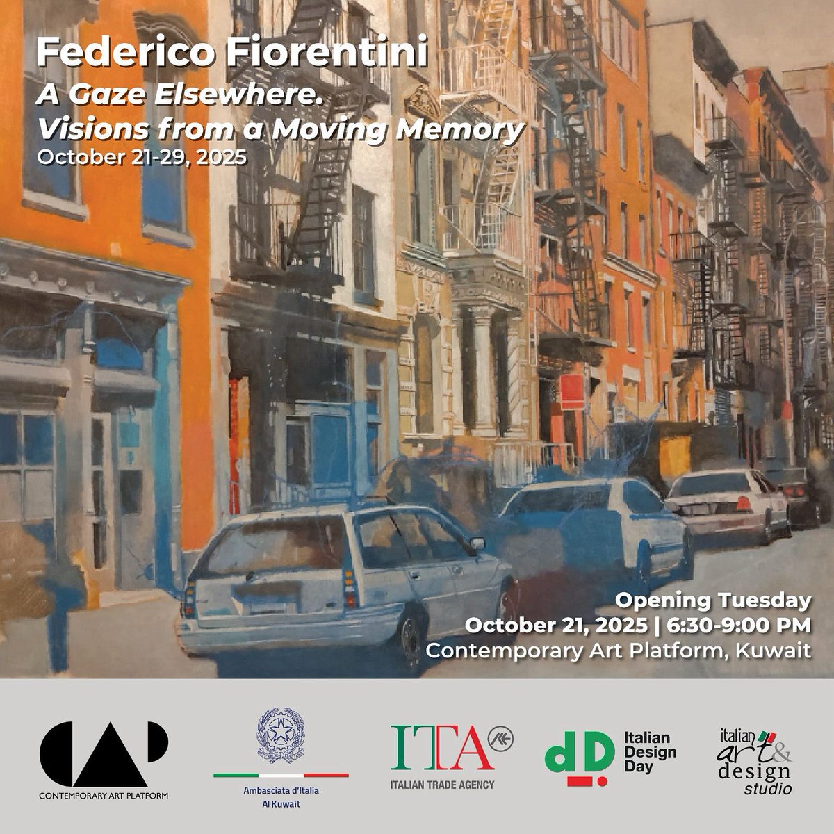 capkuwait's tweet image. 🎨 As part of the Italian Design Festival, CAP &amp;amp; the Embassy of Italy present “A Gaze Elsewhere” by Federico Fiorentini, with a live jazz concert “It’s Time” by Gabriele Buonasorte.
📅 Oct 21 | 6:30–9 PM
📍 CAP Kuwait
On view until Oct 29.
