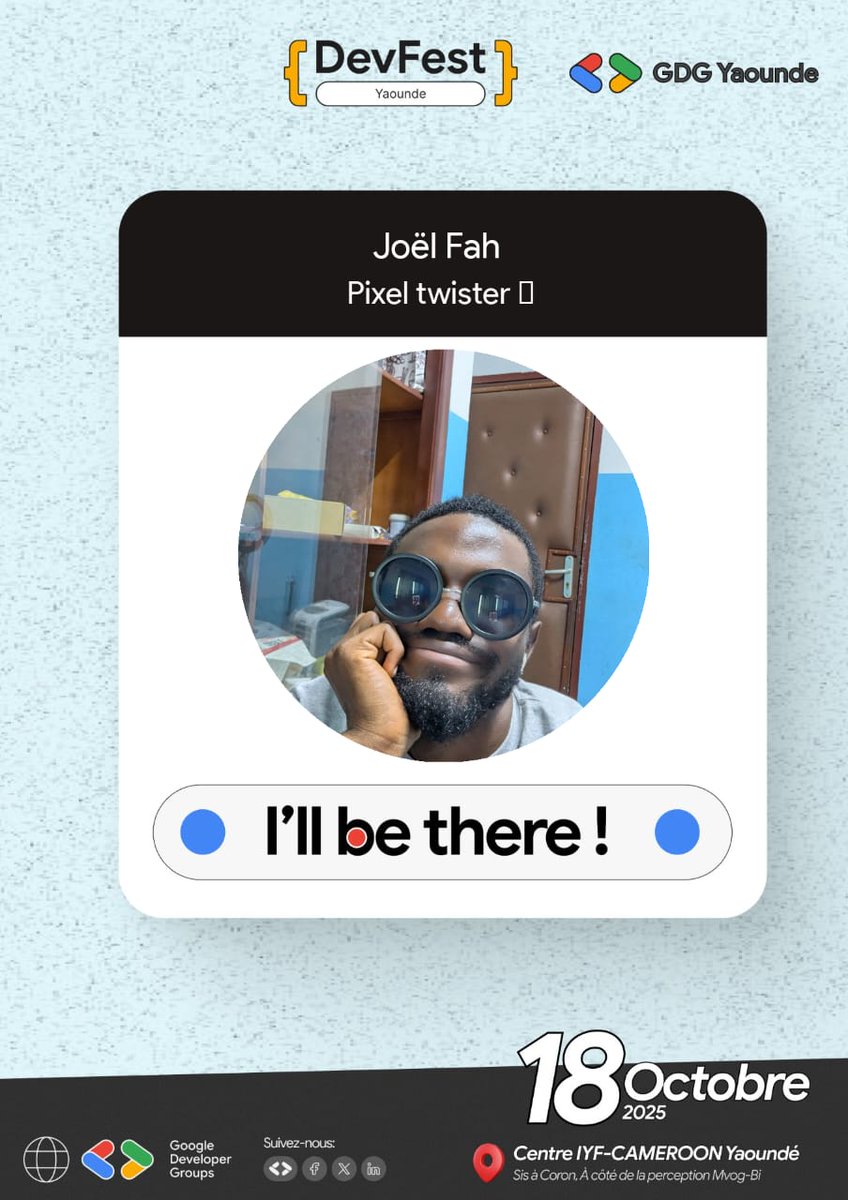 FahDejon's tweet photo. Hope to see you at DevFest Yaoundé this year. Bye @GDGYaounde
#DevFest #DevFestYaounde #DevFest2025 #GDGYaounde https://t.co/Nx0VgKWQsl