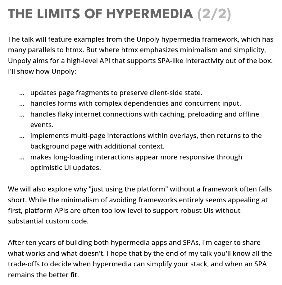 triskweline's tweet image. I'm speaking about "Limits of Hypermedia" at c't webdev in Cologne (Nov 12-14).
If you've held off on tools like @htmx_org and @unpolyjs, but aren't sure if they can really replace your SPA, this talk is for you.
Links in 🧵