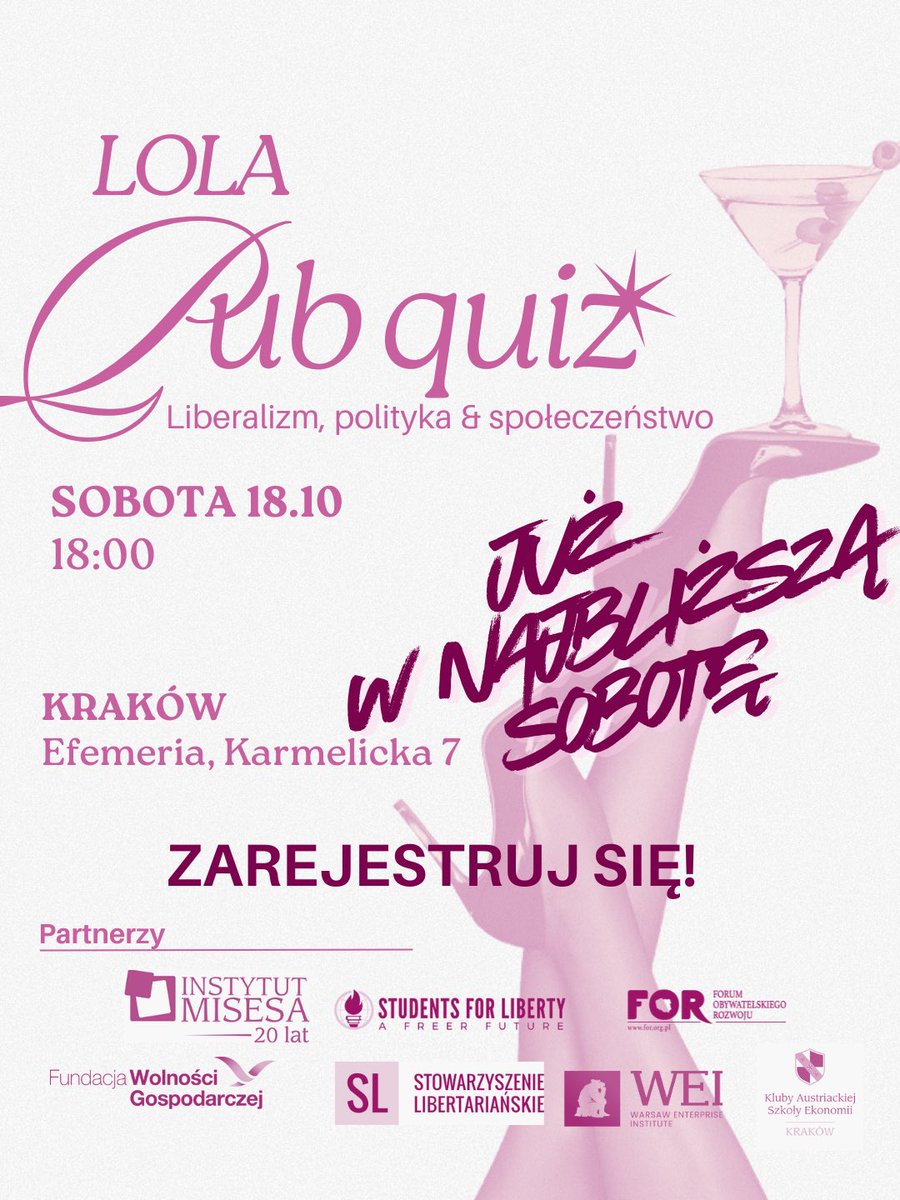 ⏰ To już w najbliższą sobotę! 
Pub Quiz: Liberalizm, Polityka &amp; Społeczeństwo zbliża się wielkimi krokami – a liczba miejsc jest ograniczona!
Jeśli chcesz spędzić wieczór przy piwie lub drinku, sprawdzić swoją wiedzę i wygrać nagrody – nie zwlekaj i zapisz się już teraz 👉