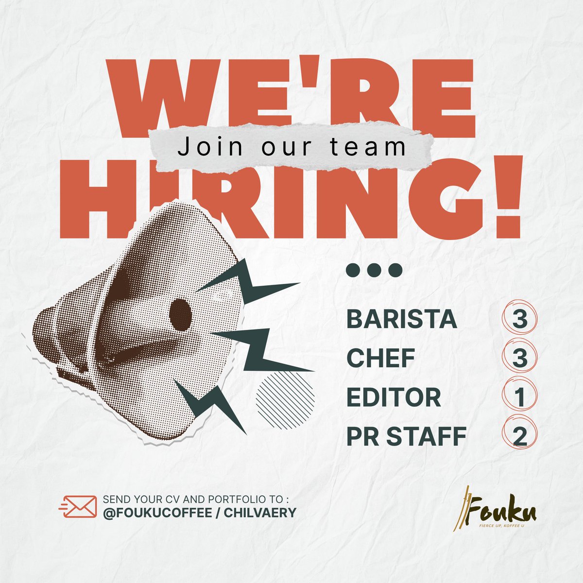 ⠀ㅤ
⠀ㅤ
  FOUKU HIRING STAFF 

Hai, kami membutuhkan 𝗯𝗮𝗿𝗶𝘀𝘁𝗮, 𝗰𝗵𝗲𝗳, 𝗲𝗱𝗶𝘁𝗼𝗿, 𝗱𝗮𝗻 𝗣𝗥. Jika ada yang berminat boleh bertanya ke <a href="/chilvaery/">Davio Tan</a>, dan <a href="/FOUKUCOFFEE/">Fouku Coffee</a> untuk informasi lebih lanjut 𝗷𝗼𝗯𝗱𝗲𝘀𝗰nya. 
⠀ㅤ
⠀ㅤ