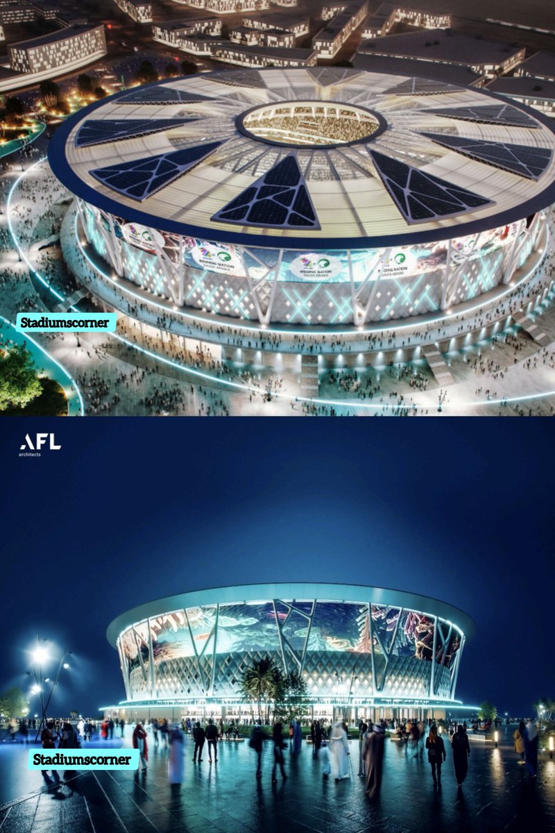 ملعب المدينة الاقتصادية (ملعب الشعب المرجانية )
#KAECStadium 

من الملاعب اللي راح تنخفض سعته بعد كأس العالم 2034 لحدود 25 ألف مقعد السعة خلال كأس العالم 45,700 ألف 

الملعب يطمح للحصول على شهادة LEED Gold 🌿

وهي شهادة عالمية في الاستدامة والبناء الأخضر  وهو نظام عالمي أمريكي