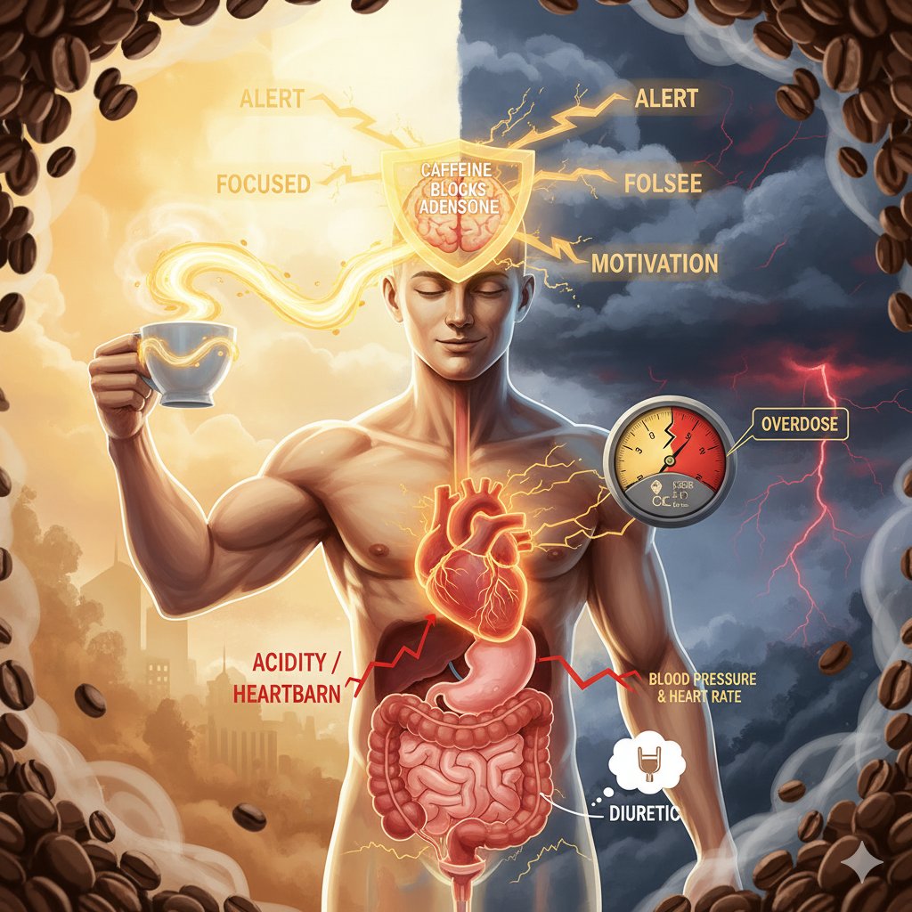 क्या आप जानते हैं आपकी daily coffee ☕ आपके body में क्या करती है? Energy Booster ⚡ या सिर्फ नाम भर की है।

सुबह उठते ही coffee पीने से coffee में मिला Caffeine और Adenosine Brain 🧠 को block करता है।
Result? आप तुरंत alert, focused और ready to conquer महसूस करते हैं!

Caffeine