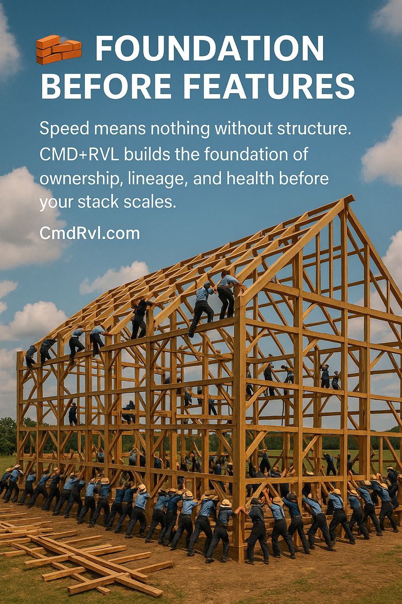 cmdrvl's tweet image. generate an image with an amish barn raising for: 🧱 Foundation Before Features
Speed means nothing without structure.
CMD+RVL builds the foundation of ownership, lineage, and health before your stack scales.
🌐 CmdRvl.com
#CmdRvl #DataArchitecture #Scalability…