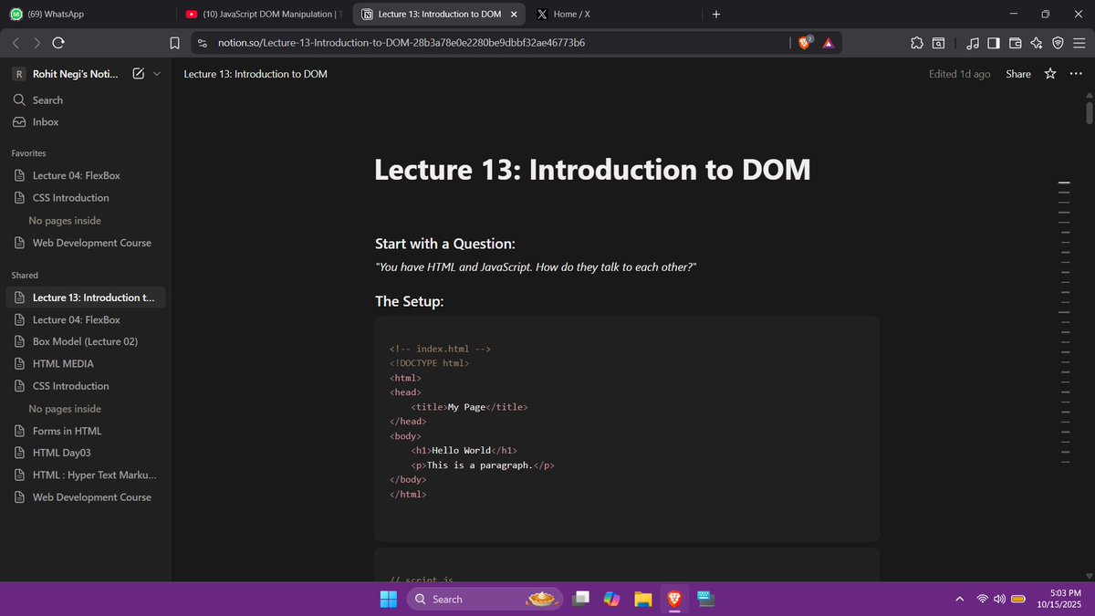 Durgeshy_adav's tweet image. 🚀 Day 28 Done!
Deep dive into JavaScript DOM Manipulation 🧩
Learned to select, update & control elements dynamically 💡
#100DaysOfCode #JavaScript #WebDev #CoderArmy