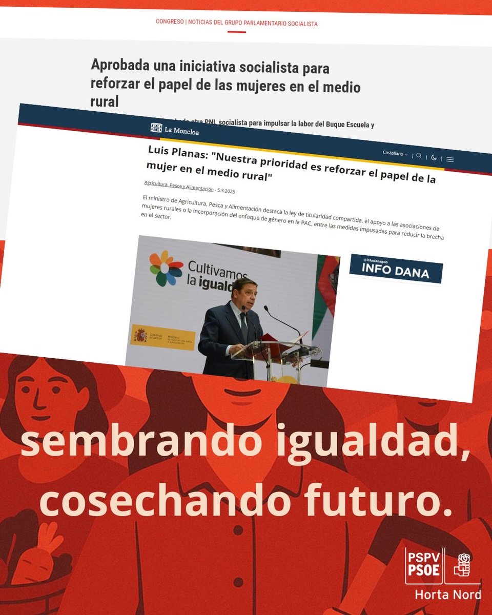 15 de octubre, Día Internacional de la Mujer Rural.
El PSPV-PSOE Horta Nord reafirma su compromiso con la igualdad, los servicios públicos y las oportunidades en el medio rural.
Sembrar igualdad es asegurar el futuro. #DíaDeLaMujerRural #HortaNord #PSPV #PSOE