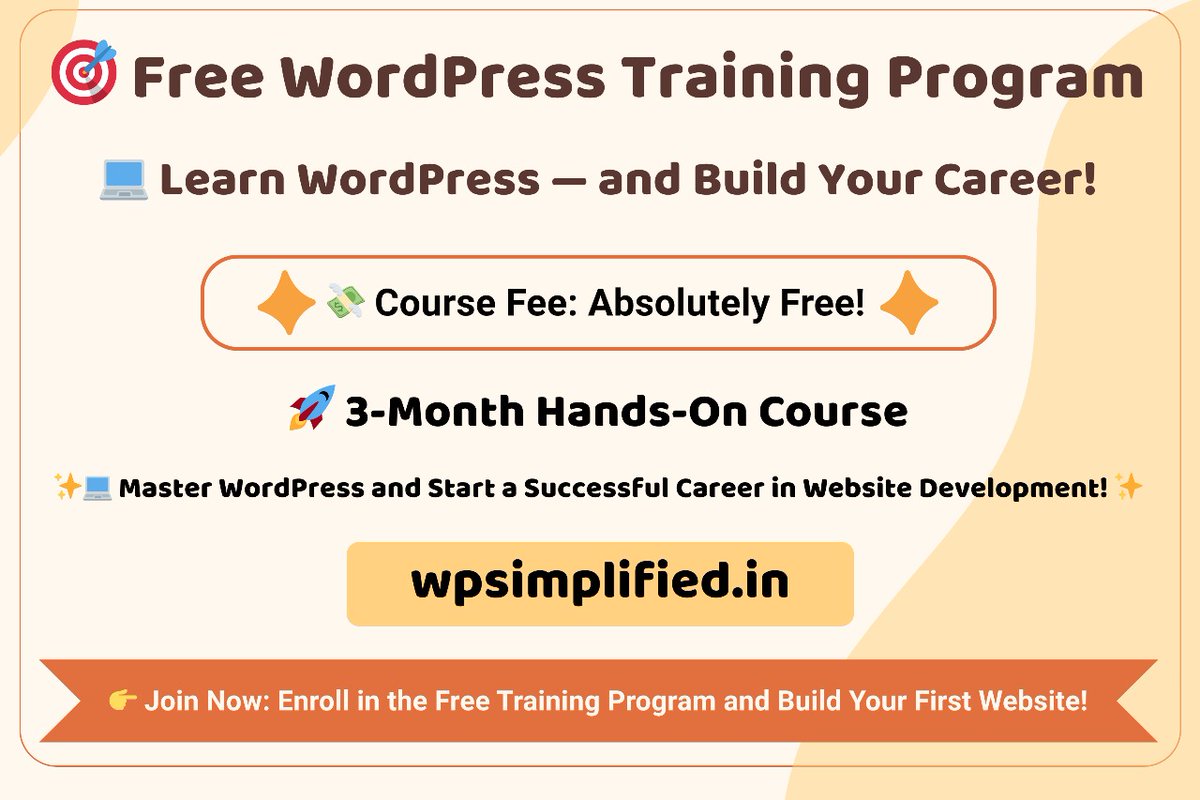 Satyam Vishwakarma (Satya) (@ask_hellosatya) on Twitter photo We at <a href="/iwpsimplified/">WPSimplifiedBySunil</a> are running a Free Online 3-Month WordPress Training Program (starting Oct 29, 2025) in Hindi + English for learners across India.
Target: 500+ learners | 150+ successful completions.
Weโre looking for companies thatโ like to support as sponsors.
Learn more: We at <a href="/iwpsimplified/">WPSimplifiedBySunil</a> are running a Free Online 3-Month WordPress Training Program (starting Oct 29, 2025) in Hindi + English for learners across India.
Target: 500+ learners | 150+ successful completions.
Weโre looking for companies thatโ like to support as sponsors.
Learn more:
