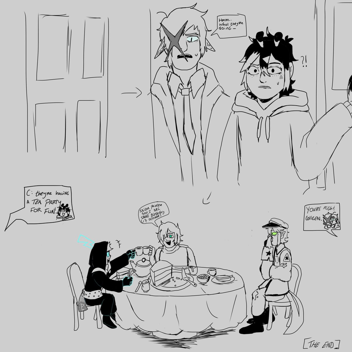 Im so late for Cosmo combo’s birthday drawing (manicdeity combo/offspring) 
Also some comic 

[they’re having a tea party at end]
#cosmocombo #irisseyfert #splatcolours #nebulaau #colleenshifter