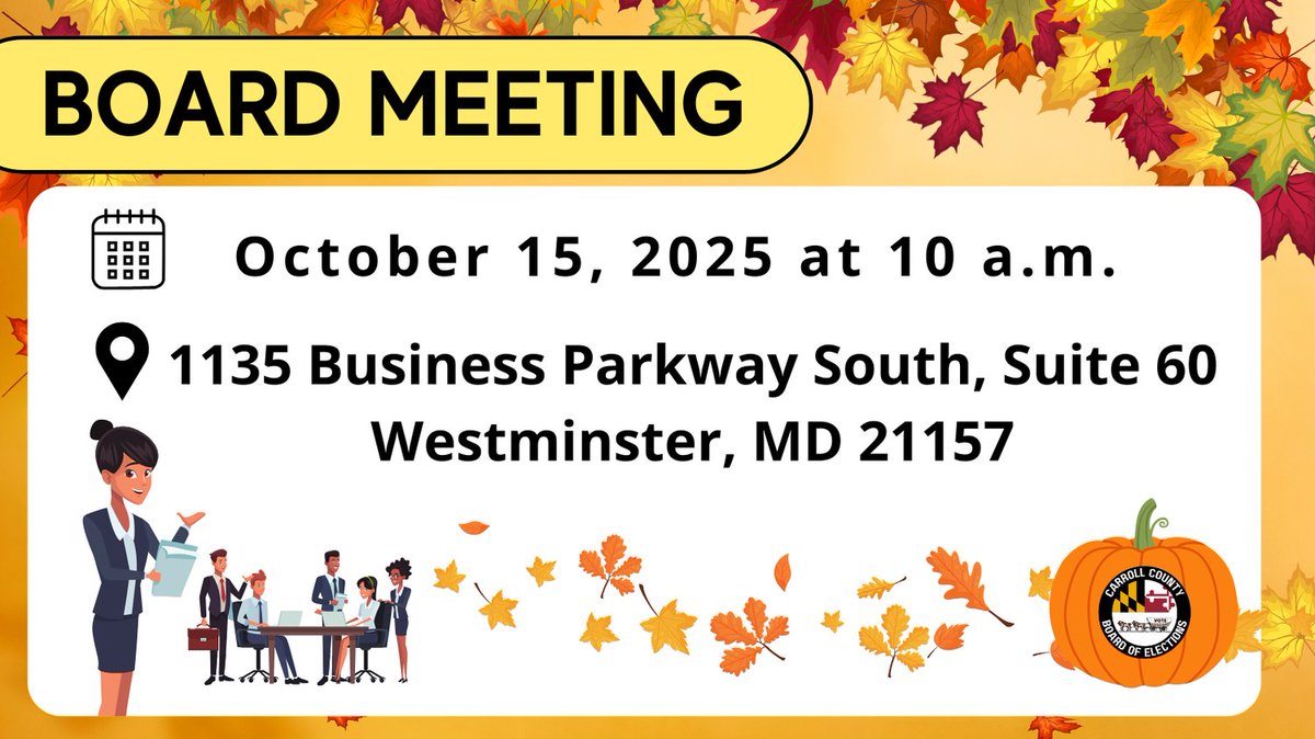Board Meeting Today at 10:00 a.m. 

Google Meet Info: 1-318-367-2292 Pin: 568 863 431# or bit.ly/CarrollCountyE…

YouTube Livestream: youtube.com/@CarrollMDElec…

In-person: 1135 Business Parkway South
Suite 60, Westminster, MD 21157