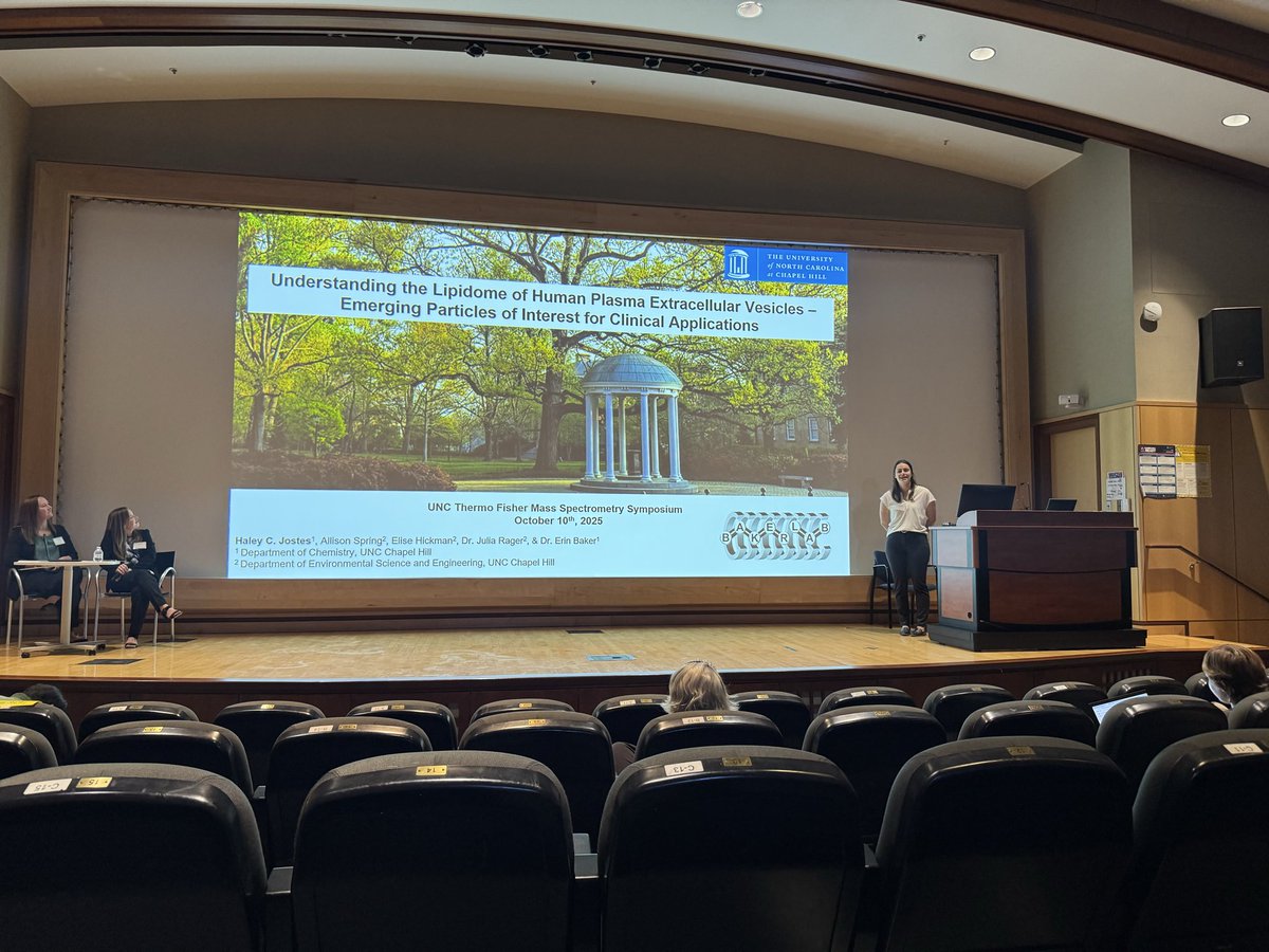 BakerLabMS's tweet image. Last Friday, Haley gave the audience at the UNC ThermoFisher Scientific Mass Spectrometry Symposium an amazing snapshot of her method development research for lipidomics in extracellular vesicles! She took 1st place in the lightening talk competition! Congratulations Haley! 🤩⚡️