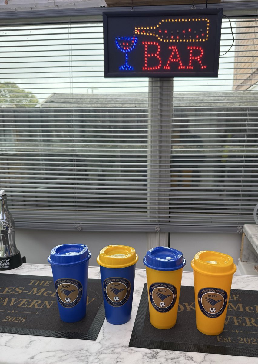 EJVMcLean's tweet photo. For the non alcoholic drinker , I will have 28 @FarnboroughFC  branded re-usable tea / coffee cups £6 each or 2 for £10 and the reusable pint cups £3 each(all profit raised from sales goes back into re-buying more cups in the aim of making the club more environmentally friendly) https://t.co/8Af7XayDK6