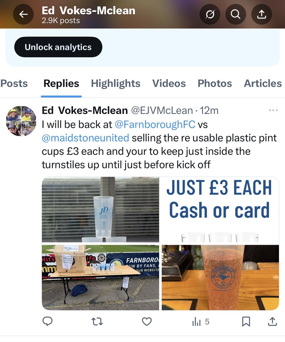 EJVMcLean's tweet photo. For the non alcoholic drinker , I will have 28 @FarnboroughFC  branded re-usable tea / coffee cups £6 each or 2 for £10 and the reusable pint cups £3 each(all profit raised from sales goes back into re-buying more cups in the aim of making the club more environmentally friendly) https://t.co/8Af7XayDK6