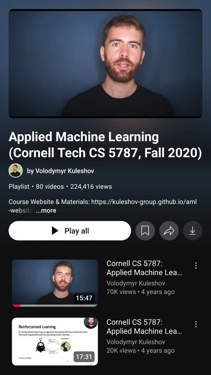 hasantoxr's tweet image. 🚨Cornell just made one of the best applied ML courses fully public for free.

It’s called Applied Machine Learning (CS 5785) at Cornell Tech, and it’s basically a full master’s-level crash course in practical ML.

What you get:
- 23 full lectures with detailed notes
- 30+ hours…