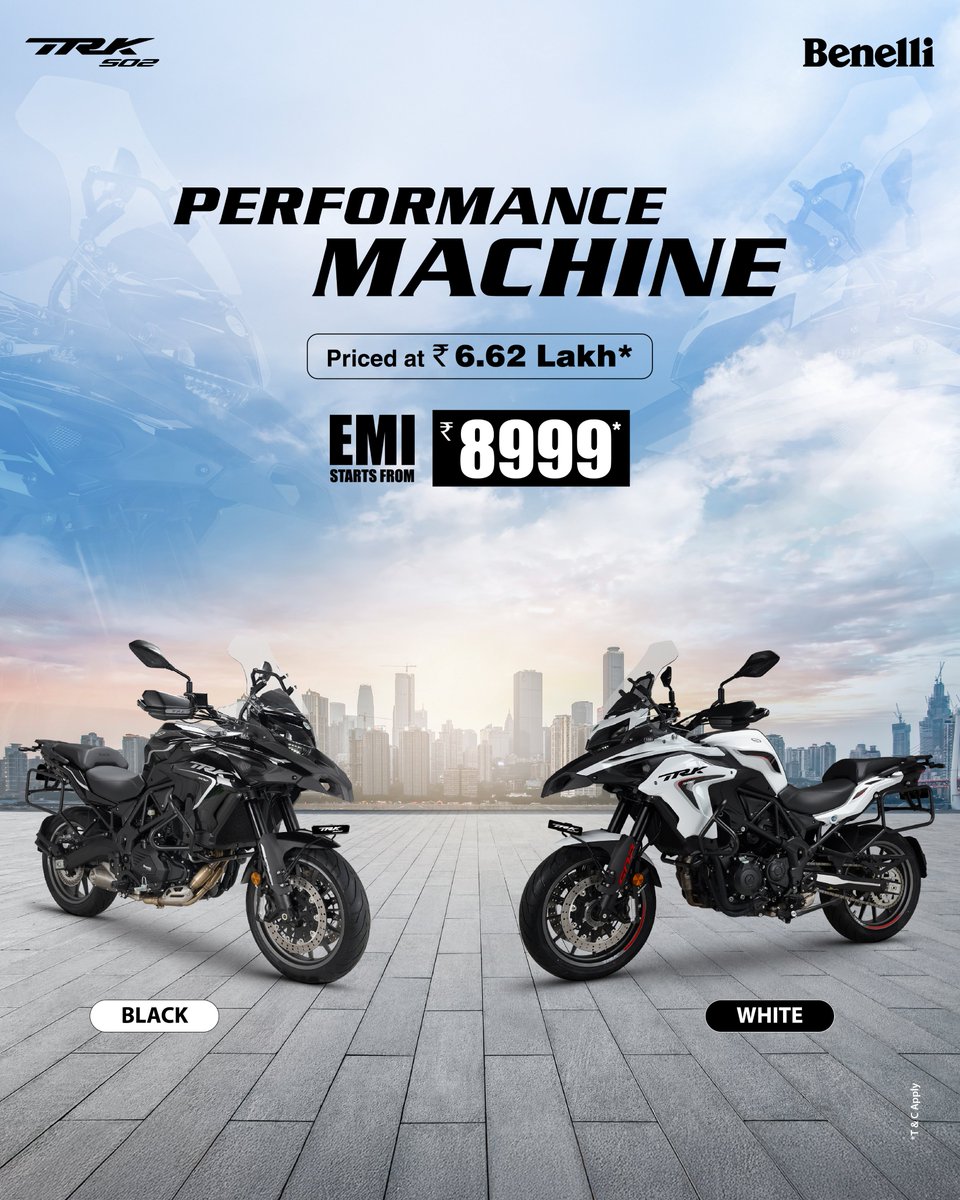 Choose your ride with the TRK 502’s vibrant colour options, combining style, personality, and adventure-ready spirit.
✔Price starts at ₹ 6.62 lakh*​
✔Book now at ₹ 10,000/-​
✔EMI Starts from ₹ 8999/-​
For more details, Visit: india.benelli.com 
T&amp;C Apply*