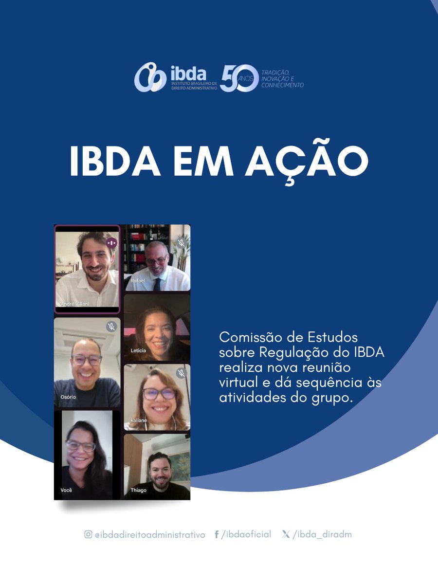 ibda_diradm's tweet image. A Comissão de Estudos sobre Regulação do IBDA realizou nova reunião de trabalho, fortalecendo o planejamento de ações para 2025 e reafirmando o compromisso com o aprimoramento das políticas regulatórias e da boa governança. 💼 #IBDA #DireitoAdministrativo