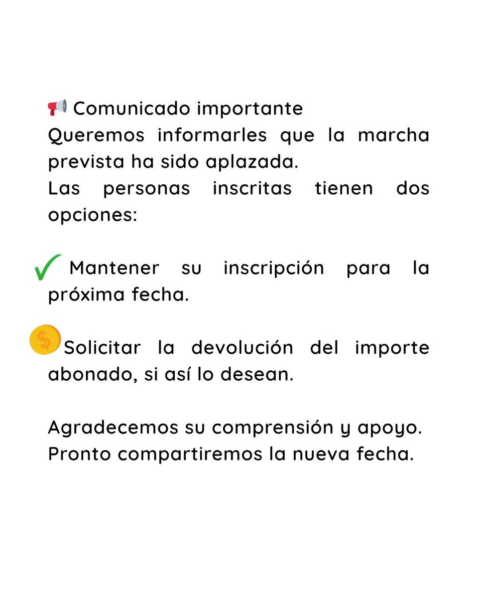 Queremos informarles que la marcha prevista ha sido aplazada. 
Las personas inscritas tienen dos opciones:
✅ Mantener su inscripción para la próxima fecha.
💰 Solicitar la devolución del importe abonado, si así lo desean.

Agradecemos su comprensión y apoyo. ❤️