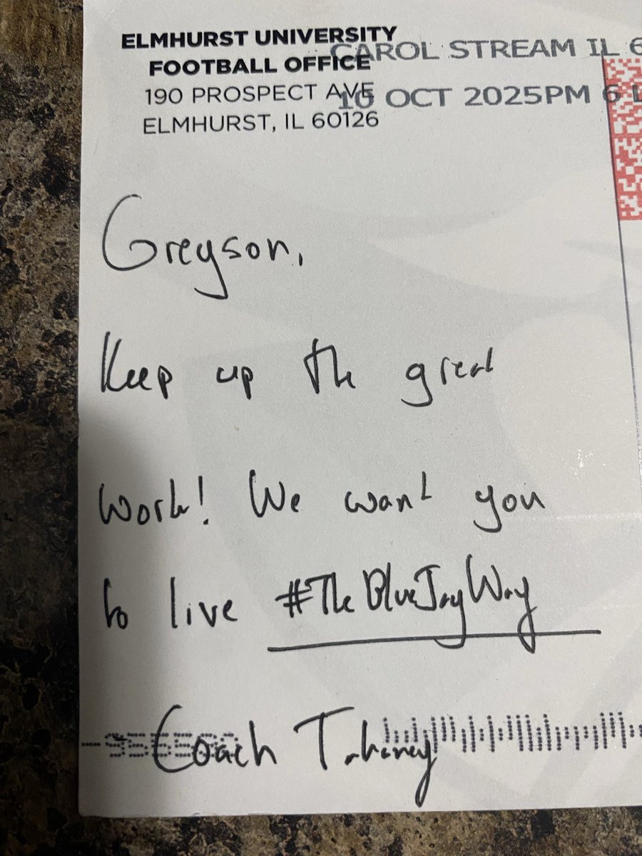 I appreciate the words and time taken to get a letter from <a href="/Coach_Tahaney/">Jake Tahaney</a> &amp; <a href="/ElmhurstU_FB/">Elmhurst University Football</a>!!
<a href="/coachskip54/">Coach Martinez</a> <a href="/CoachHigh40/">AJ High</a>