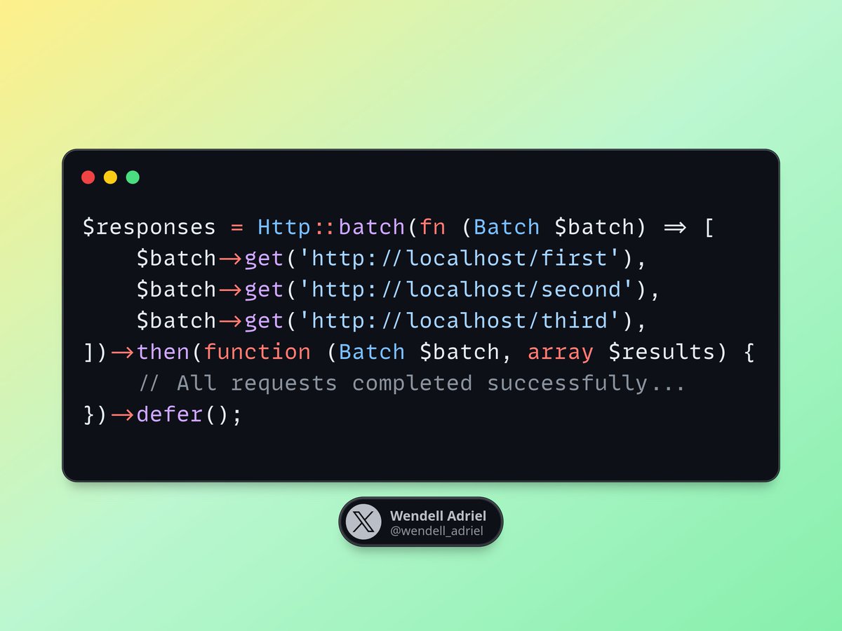 wendell_adriel's tweet image. Laravel Tip 🚀
Today is just a tip on something that was released on Laravel 12.34 yesterday that I contributed!
Now you can use Http::batch(...)->defer() if you don't care about the results of the requests. This will execute the batch requests only after the request is sent to…