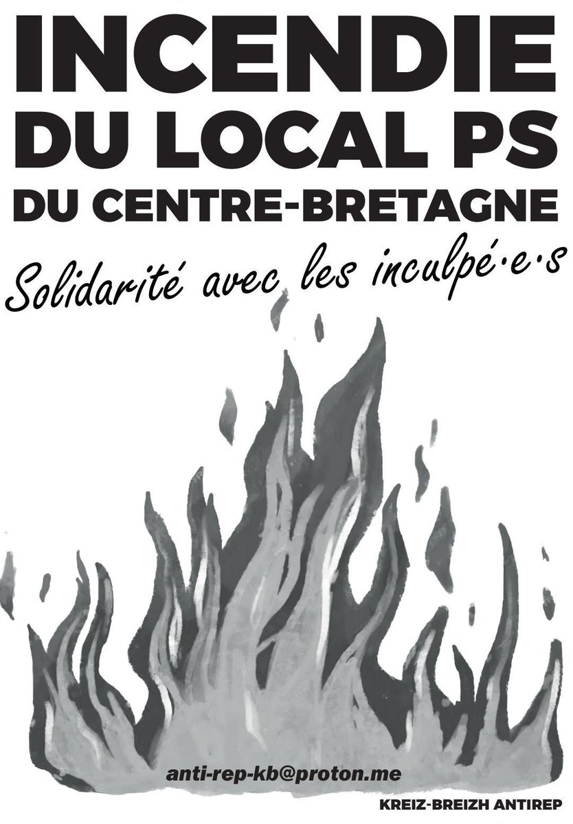 <a href="/HerissonNoir/">HérissonNoir</a> Une soirée de soutien aux inculpé·es est prévue le 1er Novembre 2025 à Plougonver.
expansive.info/Soutien-aux-ca…

Bureaux du Parti socialiste incendiés à Carhaix :
de la prison ferme requise.
Affaire mise en délibéré.
Jugement sera rendu le 15 décembre prochain.
sansnom.noblogs.org/archives/26842