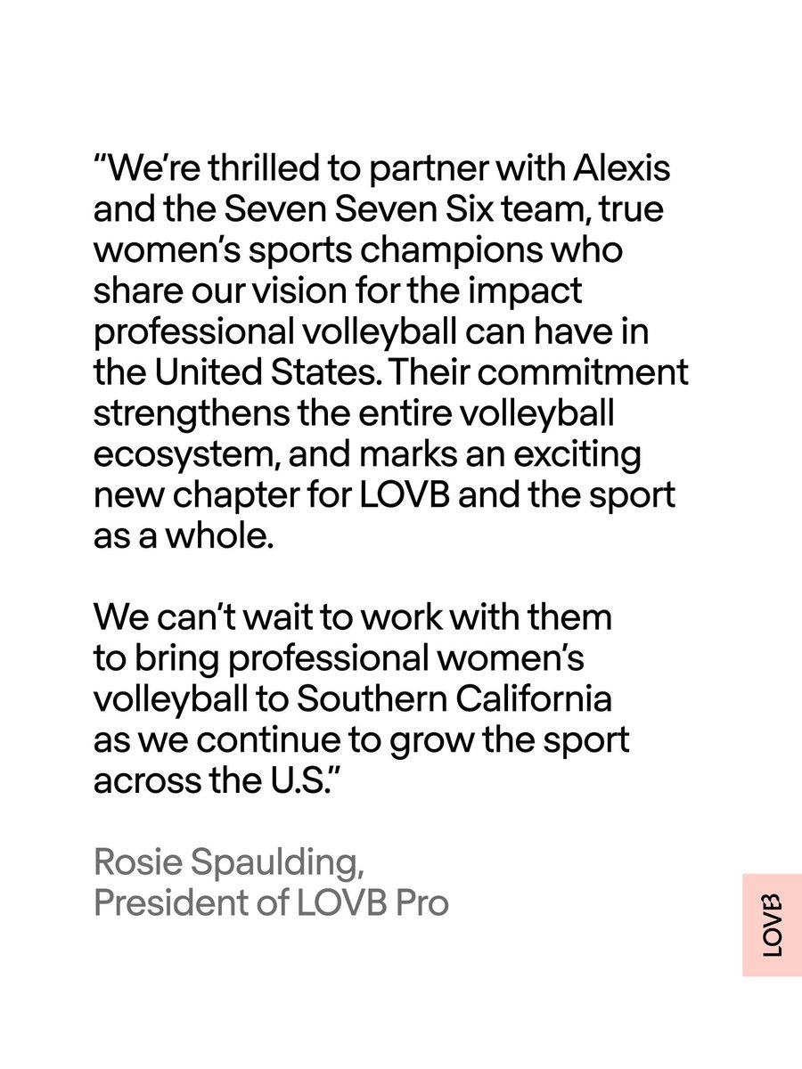 leagueonevb's tweet photo. We LOVB LA.

Coming in 2027 – LOVB Los Angeles Volleyball.

@AlexisOhanian and Seven Seven Six have entered into definitive agreements to lead the ownership group of LOVB Los Angeles Volleyball. Building upon Southern California’s rich volleyball heritage, LOVB Los Angeles will become the league’s seventh professional team, debuting at the start of Season Three in January 2027.