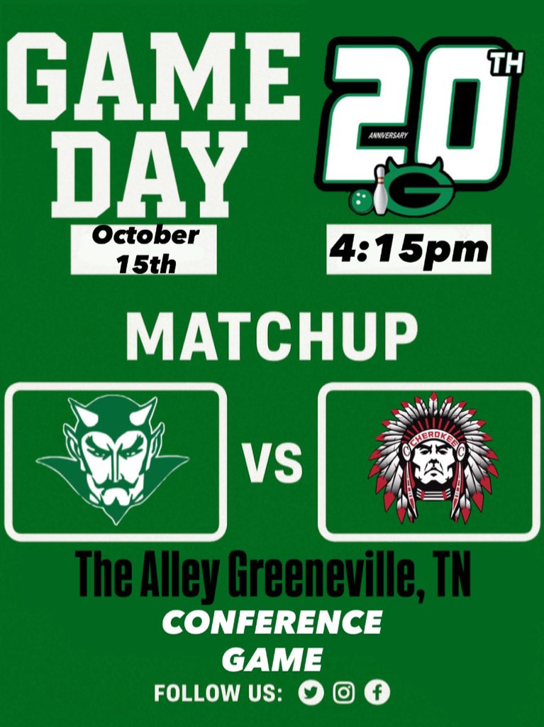 We are back in action with our 2nd match of the season! It’s our 1st conference game and it’s a big one as the Cherokee Chiefs come to town! Come out to The Alley at 4:15pm and cheer on these Greene Devils! No cost to get in! BE THERE AND BE LOUD!😈💚 #Team20 #20thAnniversary