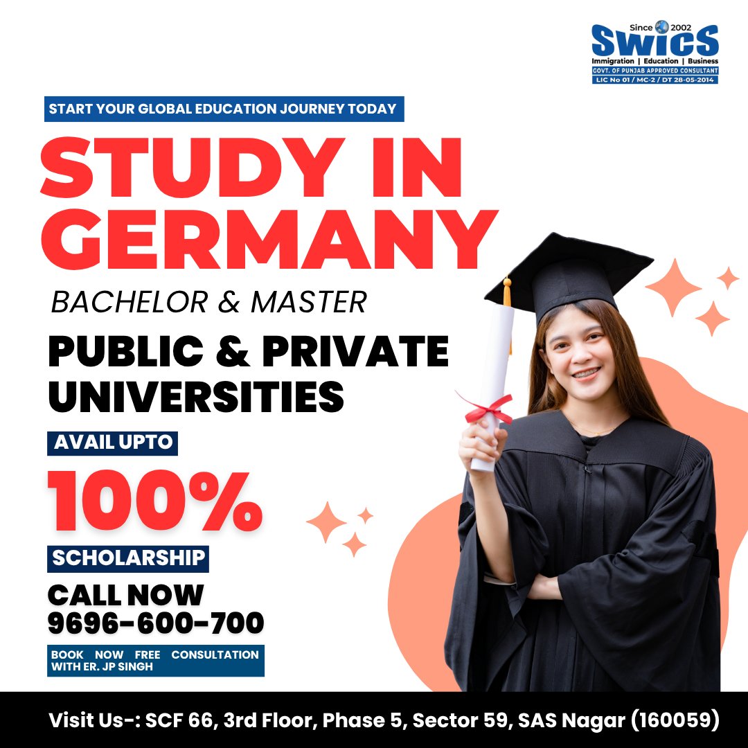 SWICSINDIA's tweet photo. Start your journey to success with Germany Study Visa Intake 2025! 🎓 Apply now for Bachelor &amp; Master Programs with 100% Scholarship opportunities. 🇩🇪 Limited seats available — don’t miss out! #GermanyStudyVisa #StudyInGermany #Scholarship2025 #Bachelor #Master https://t.co/HdBgN1j7Vu