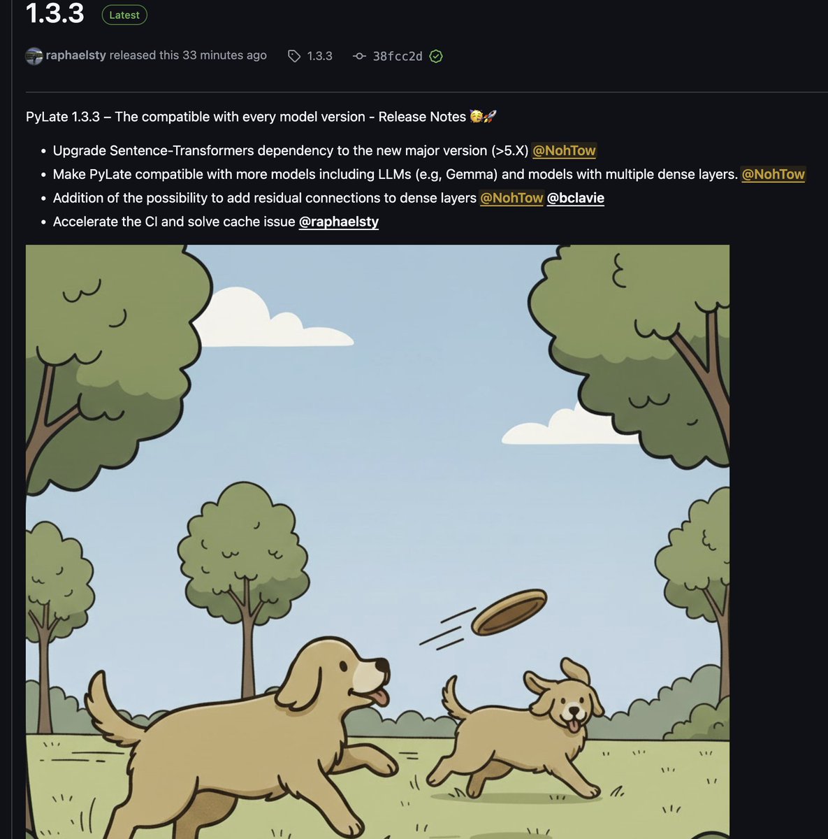 antoine_chaffin's tweet image. We released a new version of PyLate, which mostly bump the version to ST 5.X and have some fixes for LLM base models/models with multiple dense layers
This release focuses on making all models compatible... 😇
