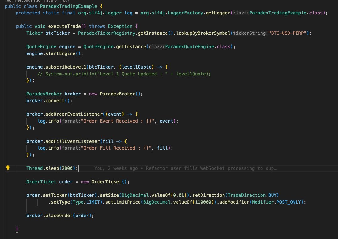 FBChaiTrading's tweet image. The 'plumbing' behind the automated algos. I'm working on an open source #Java framework to connect to multiple #crypto exchanges with @HyperliquidX and @tradeparadex at the top of the list.
Example below is fetching quotes and placing a trade on #paradex for $BTC