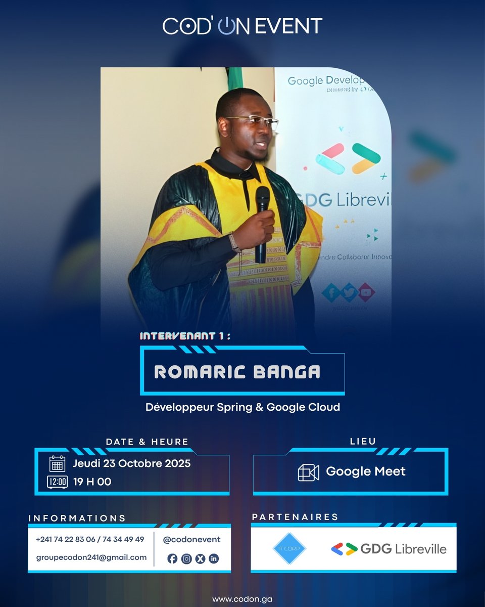 Cod'On (@codonevent) on Twitter photo ☁️ Le cloud sans stress, c’est possible.
<a href="/bangaromaric/">Romaric BANGA 🇬🇦</a> (GCP) t’explique tout jeudi 23 oct à 19h :
✅ Héberger un site
✅ Sauvegarder tes données
✅ Créer une infra abordable
🎯 En ligne – Google Meet
🔗 bit.ly/4gVgkxY
#CodOnEvent #CloudComputing #GCP #TechGabon ☁️ Le cloud sans stress, c’est possible.
<a href="/bangaromaric/">Romaric BANGA 🇬🇦</a> (GCP) t’explique tout jeudi 23 oct à 19h :
✅ Héberger un site
✅ Sauvegarder tes données
✅ Créer une infra abordable
🎯 En ligne – Google Meet
🔗 bit.ly/4gVgkxY
#CodOnEvent #CloudComputing #GCP #TechGabon