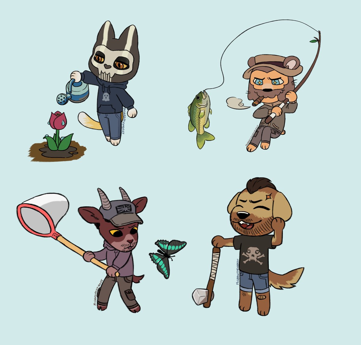 MuffinIsGone's tweet image. Ghost — Cat
Price — Bear
Gaz — Goat
Soap — Dog
thank you pluviofleur for letting me steal ur color palettes for em &amp;gt;:3
#callofduty #codmw2 #animalcrossing