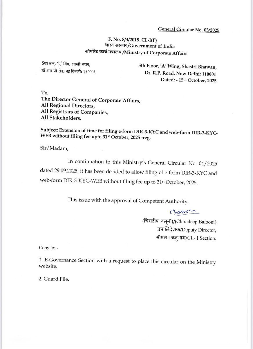 FCAPallav's tweet photo. #MCA_Update
Due date for DIR 3 further extended till 31st October 2025.
@TaxationUpdates
@AbhasHalakhandi https://t.co/MW5ehhXL3S