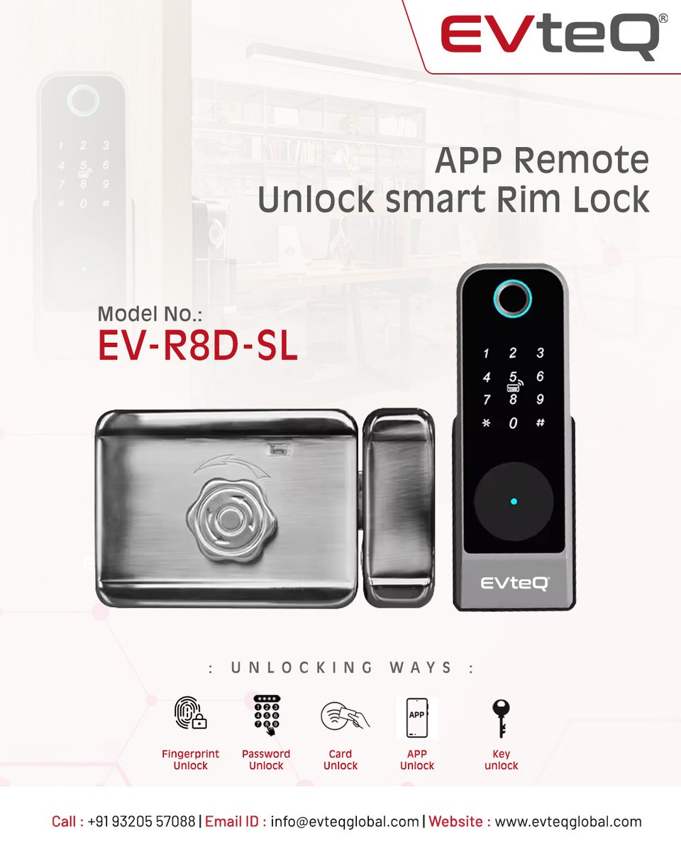 EVteQ's tweet image. Step Into the Future of Home Security with EVteQ Smart Rim Lock Keep your home safe while staying in full control. 🔒

📞 Call us today: +91 93205 57088
🌐 evteqglobal.com

#EVteQ #smartlock #homesecurity #keylessentry #modernliving #unlocksmart #rimlock #safeandsecure