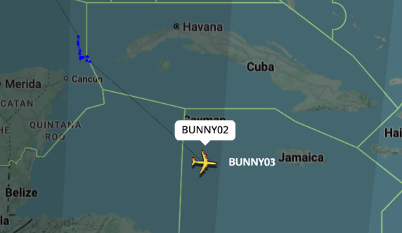 ArmchairAdml's tweet photo. #USAF United States Air Force

Boeing B-52H Stratofortress 3x
#AE589F 61-0010 - BUNNY01
#AE588E 60-0052 - BUNNY02
#AE5883 60-0033 - BUNNY03

Three B-52H's headed S/SE over the Yucatán Channel, between Mexico and Cuba. 

They departed Barksdale AFB at 07:37Z this morning and passed over the Yucatán Channel, between Mexico and Cuba, around ~9:30ish.

Last recorded position was at 10:28Z, West of Jamaica.
