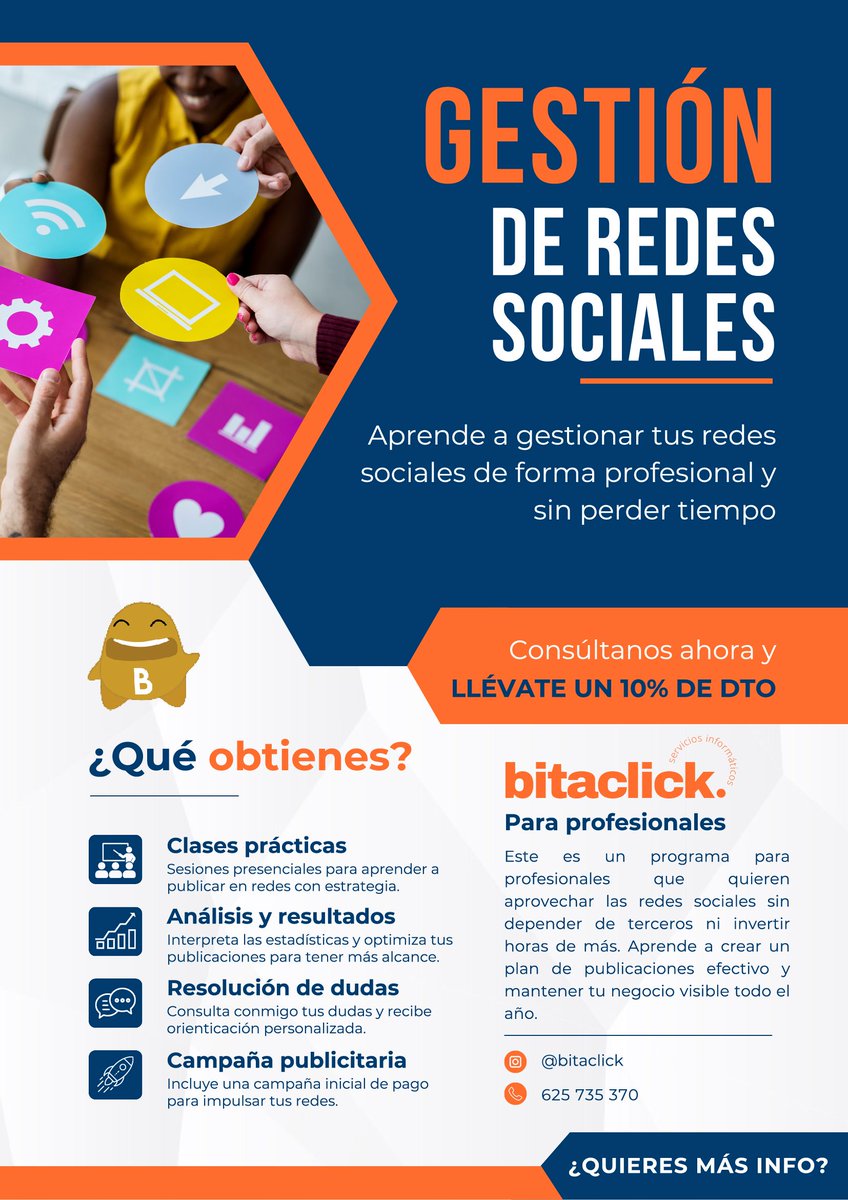 bitaclick's tweet photo. Si has buscado cómo gestionar tus redes y no tienes tiempo o te parece demasiado caro. 

¡Tenemos una solución para ti! En este curso te enseñaremos lo que necesitas para optimizar tu tiempo y que tus redes estén al día. Lo mejor de todo es que este curso podría salirte gratis. https://t.co/U9tWBZimJv