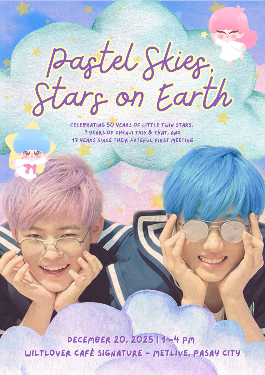 lele_jiejie's tweet image. 𝙋𝙖𝙨𝙩𝙚𝙡 𝙎𝙠𝙞𝙚𝙨, 𝙎𝙩𝙖𝙧𝙨 𝙤𝙣 𝙀𝙖𝙧𝙩𝙝 🌟
𝒶𝓃 𝓁𝓉𝓈 𝓍 𝒸𝒽𝑒𝓃𝒿𝒾 𝒸𝓈𝑒

🗓️ December 20, 2025
📍Wiltlover Café Signature, MetLive Pasay

Registration starts on the 20th of October, 2025 ✨

More magical details dropping soon!🪄

#PastelSkiesStarsonEarth