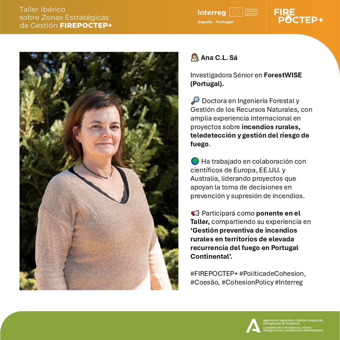 firepoctep's tweet photo. 🎙️ El Taller Ibérico sobre ZEG reunirá a expertos de referencia en gestión forestal y prevención de incendios 🌿🔥

🇵🇹 Ana C.L. Sá (ForestWISE)
🔥David Rodríguez Fdez. (EMA INFOCA)
🌱Elsa Enríquez Alcalde (MITECO)

🗓 22–24 oct 2025 |📍Córdoba
🎥 En vivo: https://t.co/xLUHH2epLK https://t.co/D6Z1FFTp7G