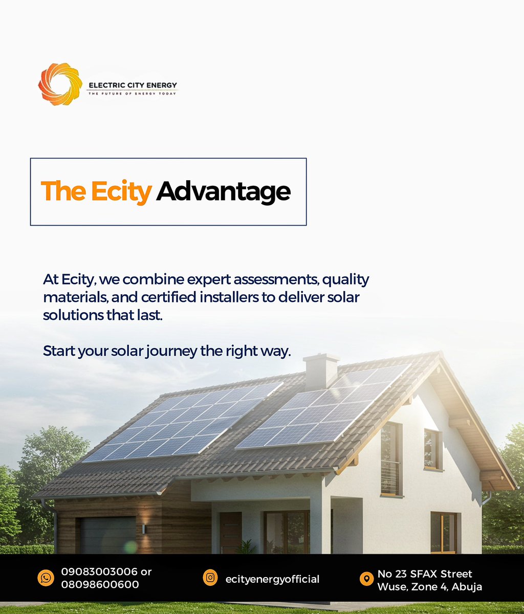 EcityEnergy's tweet image. ✅ Long-term performance support

Take the smarter path to clean energy.

 To learn more about electric city energy and how we use energy to drive impact, click on web link in bio ecityenergy.com

#ecity #EcityEnergy #SolarNigeria  #RenewableEnergy #SolarPower