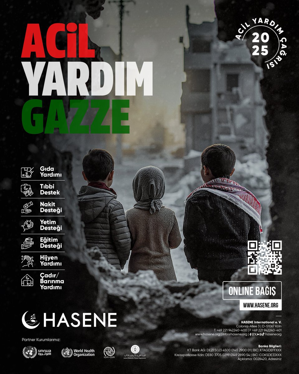 Gazze’de yaraları sarmak ve onların yalnız olmadığını hissettirmek için sen de harekete geç.
#Gazze seni bekliyor. 
Şimdi bağış yap: hasene.org 

Hesap Bilgileri: 
KT Bank AG: DE21 5023 4500 0145 2900 01 | BIC: KTAGDEFFXXX 
Kreissparkasse Köln: DE80 3705 0299 0149