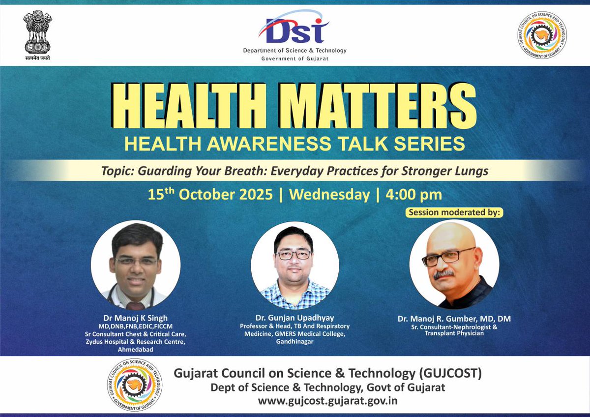 RscPatan's tweet photo. @RscPatan live-streamed the #HealthMatter Series, “Guarding Your Breath: Everyday Practices for Stronger Lungs,” organized by @InfoGujcost. Experts Dr. Manoj K. Singh, Dr. Gunjan Upadhyay, and Dr. Manoj R. Gumber shared vital insights on preventive respiratory care and wellness. https://t.co/QnluHUJbqx