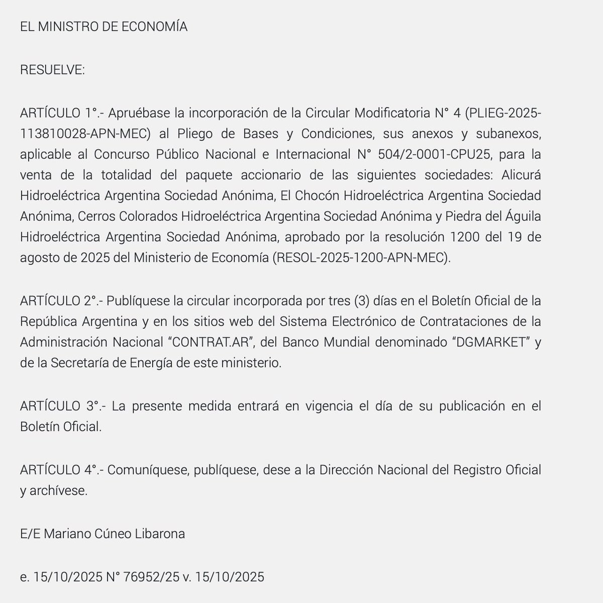 Salió publicada la venta de las represas hidroeléctricas que dan energía a todo el país. <a href="/JMilei/">Javier Milei</a> remata nuestros recursos y pone en juego nuestra soberanía. Hay que frenar el desguace y la entrega! Sumemos fuerzas en octubre
. #FuerzaPatria