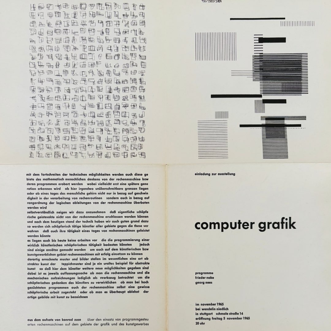 DAMDigitalArt's tweet image. Join our exhibition tour with galerist Wolf Lieser on Sat, Oct 18 — 2 pm (German) · 3 pm (English). Frieder Nake + Georg Nees: 1965 THE BEGINNING at DAM Projects, Berlin. Free admission, RSVP: office@dam.org #FriederNake #GeorgNees #DAMProjects