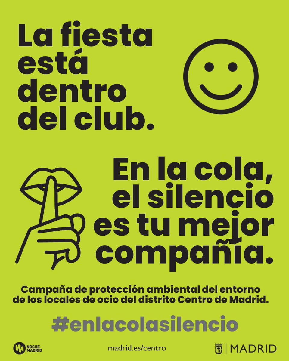 Nuestros compañeros de <a href="/AsocNocheMadrid/">Noche Madrid</a>, junto al Ayuntamiento de Madrid <a href="/MADRID/">Ayuntamiento Madrid</a>, lanzan la campaña “En la cola, el silencio es tu mejor compañía”, una iniciativa pionera que promueve la convivencia y el respeto al descanso vecinal.