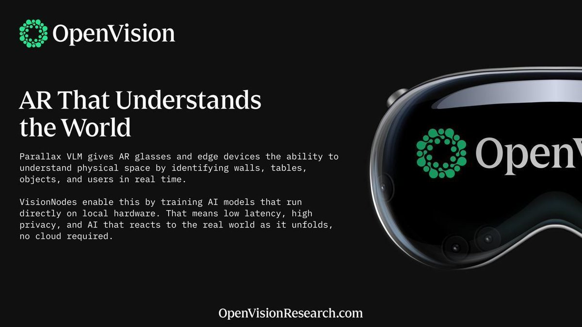 UseOpenVision's tweet image. Parallax VLM for AR: Enables AR glasses and edge devices to identify objects, walls, tables, and users in real time.
Local AI Training: VisionNodes run models directly on hardware — no cloud needed.
Outcome: Low latency, high privacy, real-world responsive AI for immersive AR…