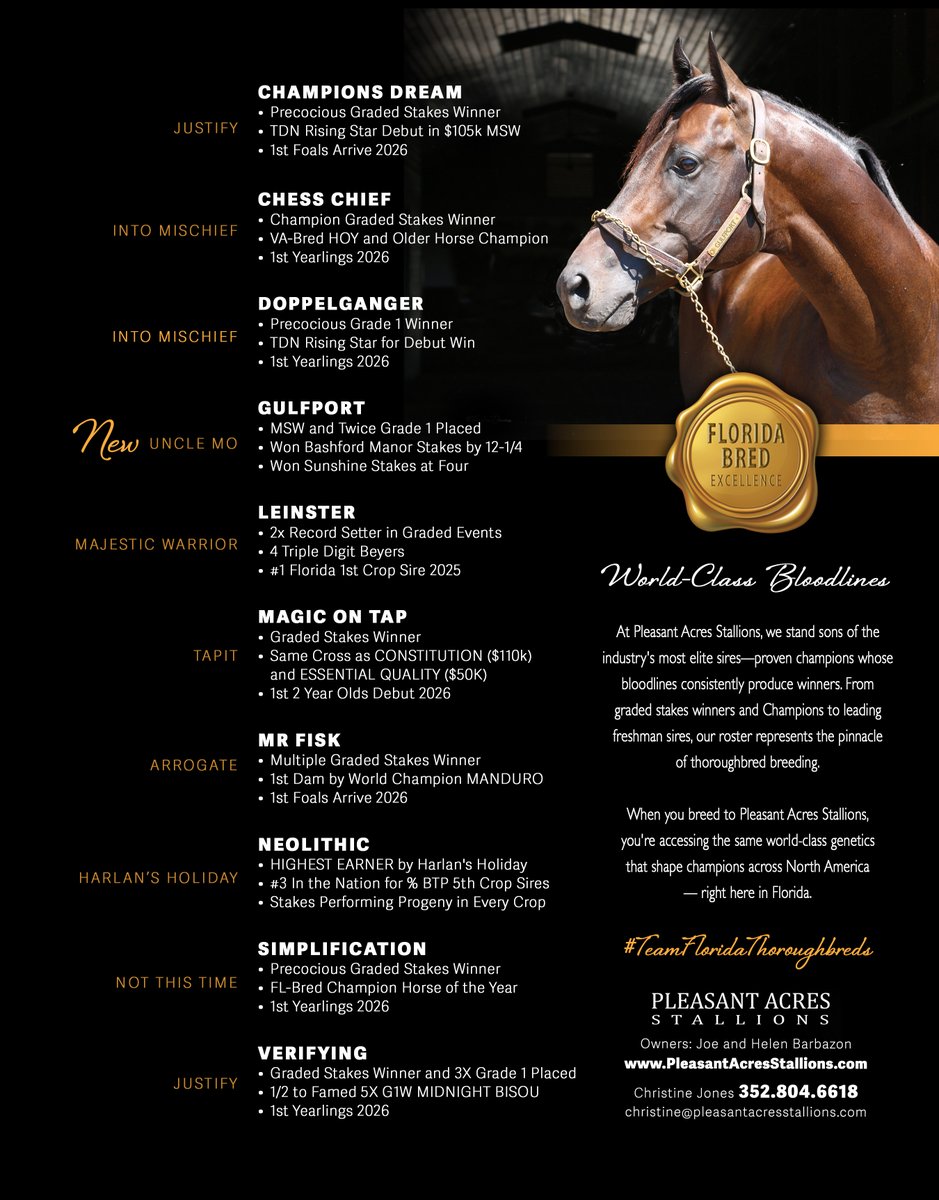 PASStallions's tweet photo. At Pleasant Acres Stallions, we stand sons of the industry's most elite sires —proven champions whose bloodlines consistently produce the best. From G1Ws and Champions to leading freshman sires, our roster represents the pinnacle of thoroughbred breeding. https://t.co/i1IAdW6mbv https://t.co/Xf0KI1xfkc