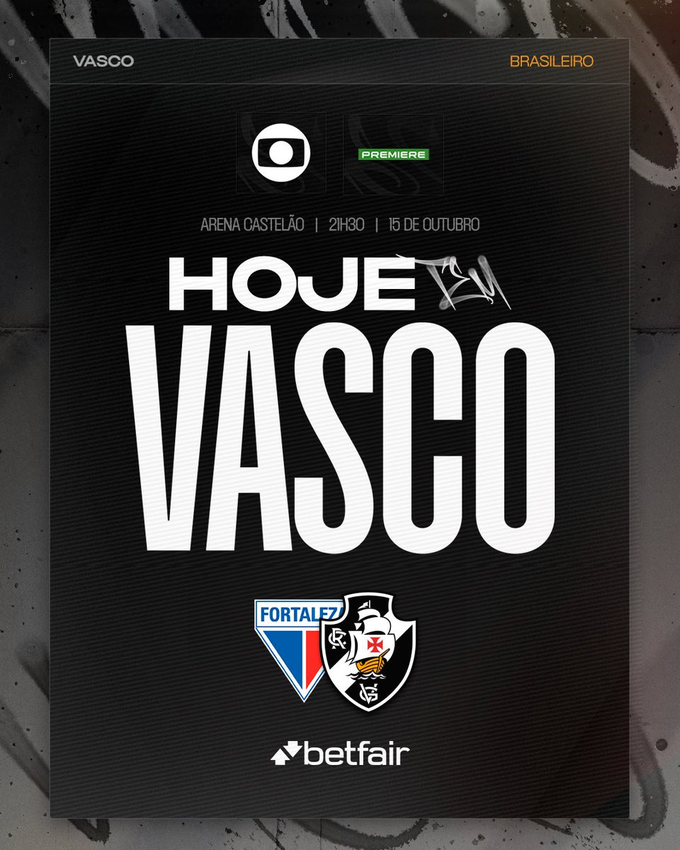 💢 HOJE TEM VASCO! 💢

🆚 Fortaleza
🏆 Brasileirão
🎯 28ª rodada
🏟 Arena Castelão 
🕠 21h30
📺 Globo e Premiere 
💻 Pré-jogo na VascoTV!
🔗 youtube.com/vasco

Vem com o Vasco, vem com a Betfair! 💢
⚠️ 18+. Jogue com responsabilidade. T&amp;Cs se aplicam.

#HojeTemVasco