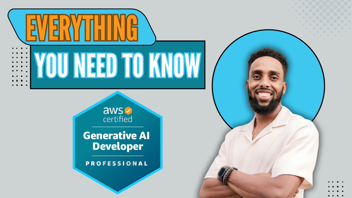 ifeanyi_otuonye's tweet image. New Youtube vid just dropped!
Check it here: youtu.be/DqtjimIy7HQ
Covering all you need to know on the NEW AWS GenAI Dev - Pro Cert!
✅ What the new GenAI certification covers
✅ Why the ML Specialty is being retire
✅ Who this new cert is for
✅ How to prepare
✅ How it…